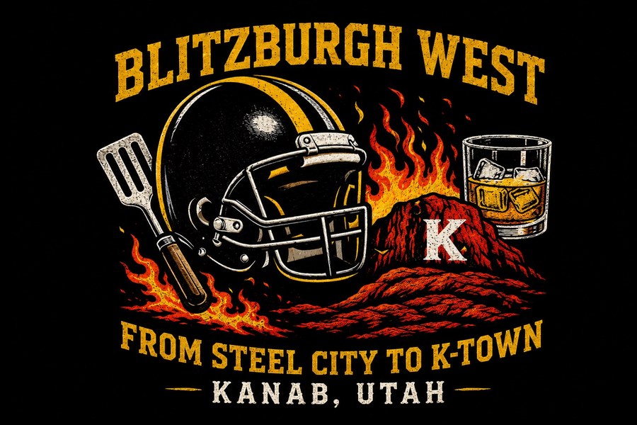 The Blitzburgh West badge — a Steelers helmet, a spatula and a whiskey glass over flames, reading From Steel City to K-Town, Kanab Utah