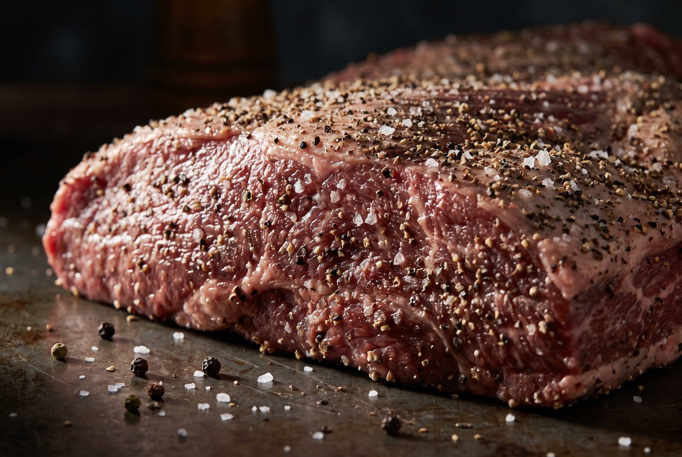 A brisket coated in a coarse salt and cracked black pepper rub