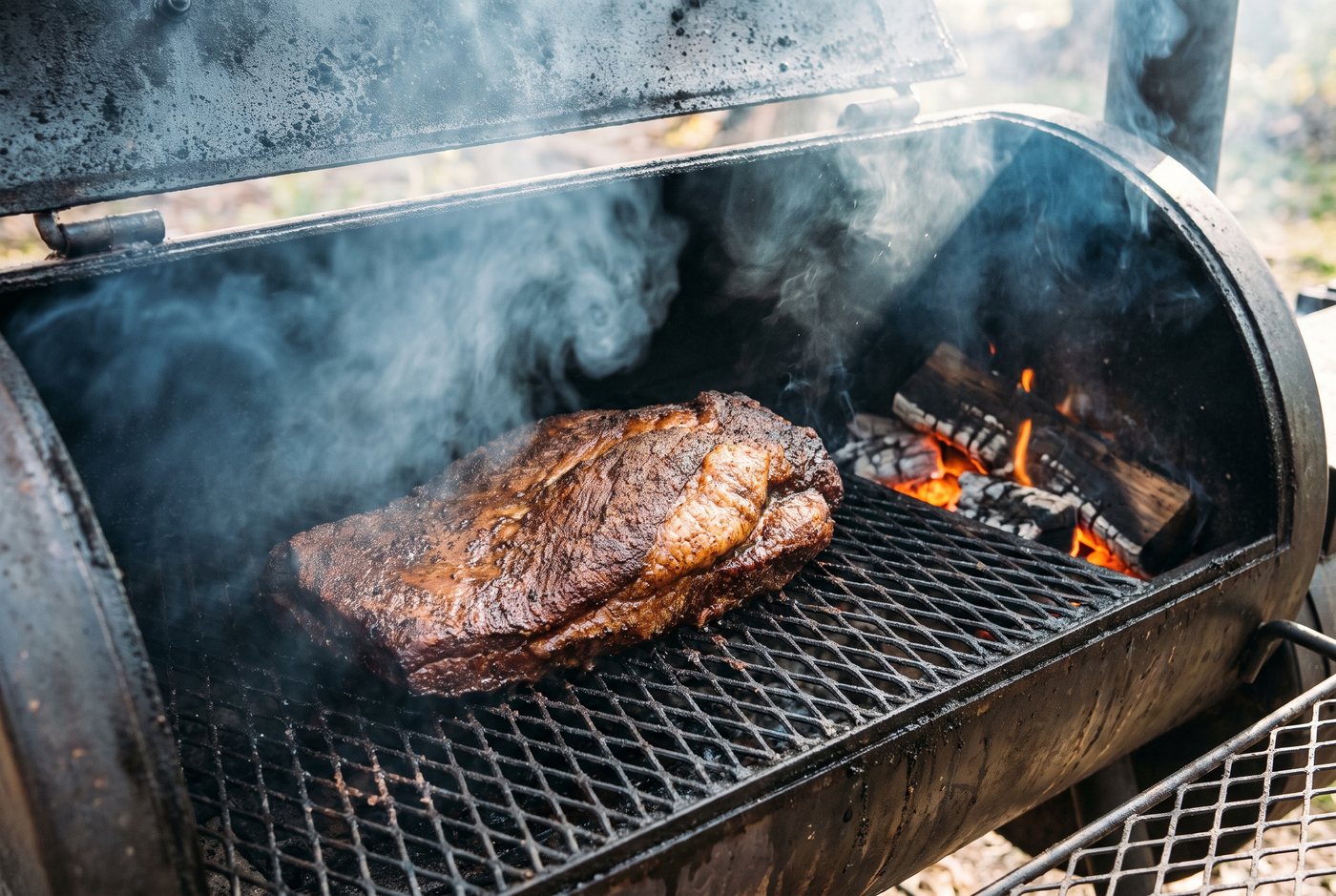 A brisket sitting on the grate inside a smoker with wood smoke curling around it