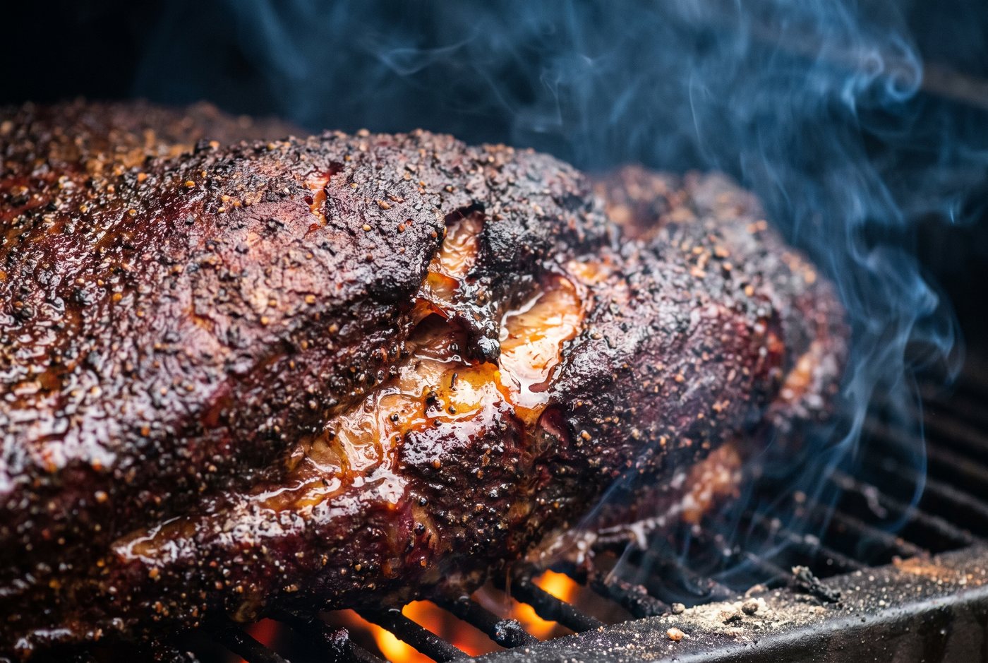 A brisket part-way through the smoke with a dark peppery bark forming
