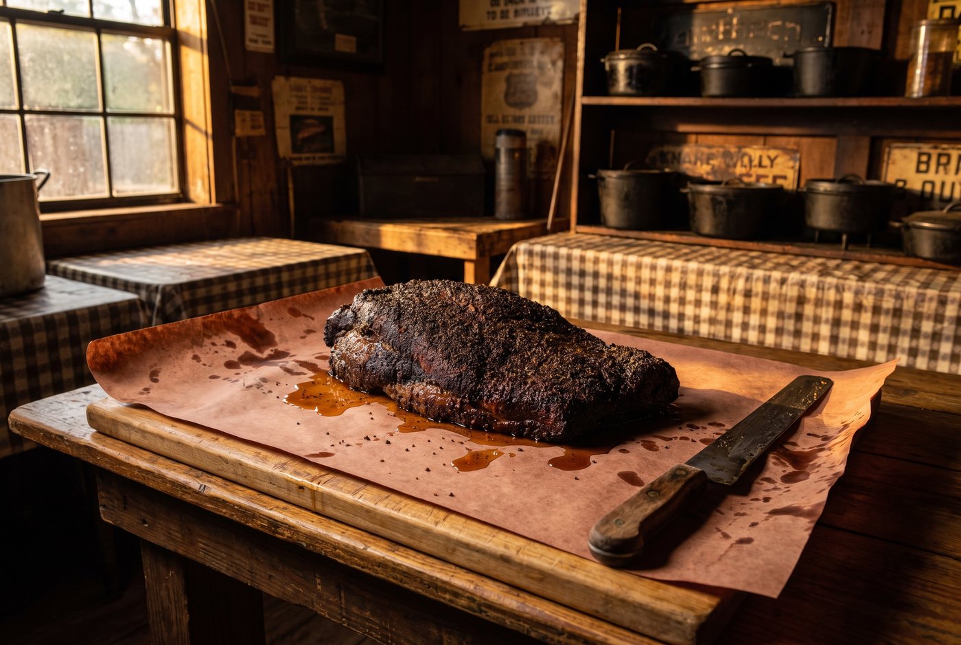 A finished smoked brisket resting on butcher paper on a wooden board