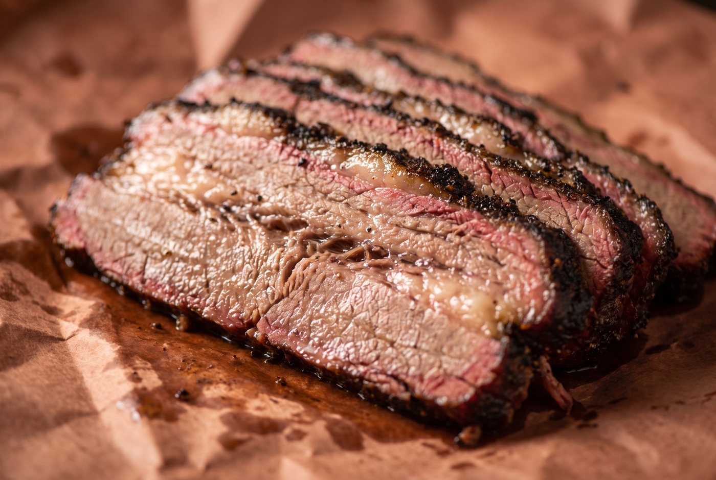 Sliced smoked brisket showing a pink smoke ring beneath a dark peppery bark