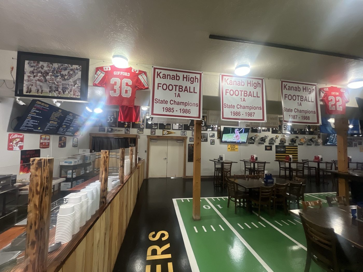 Kanab High School football memorabilia on the wall at Giff's Barbecue