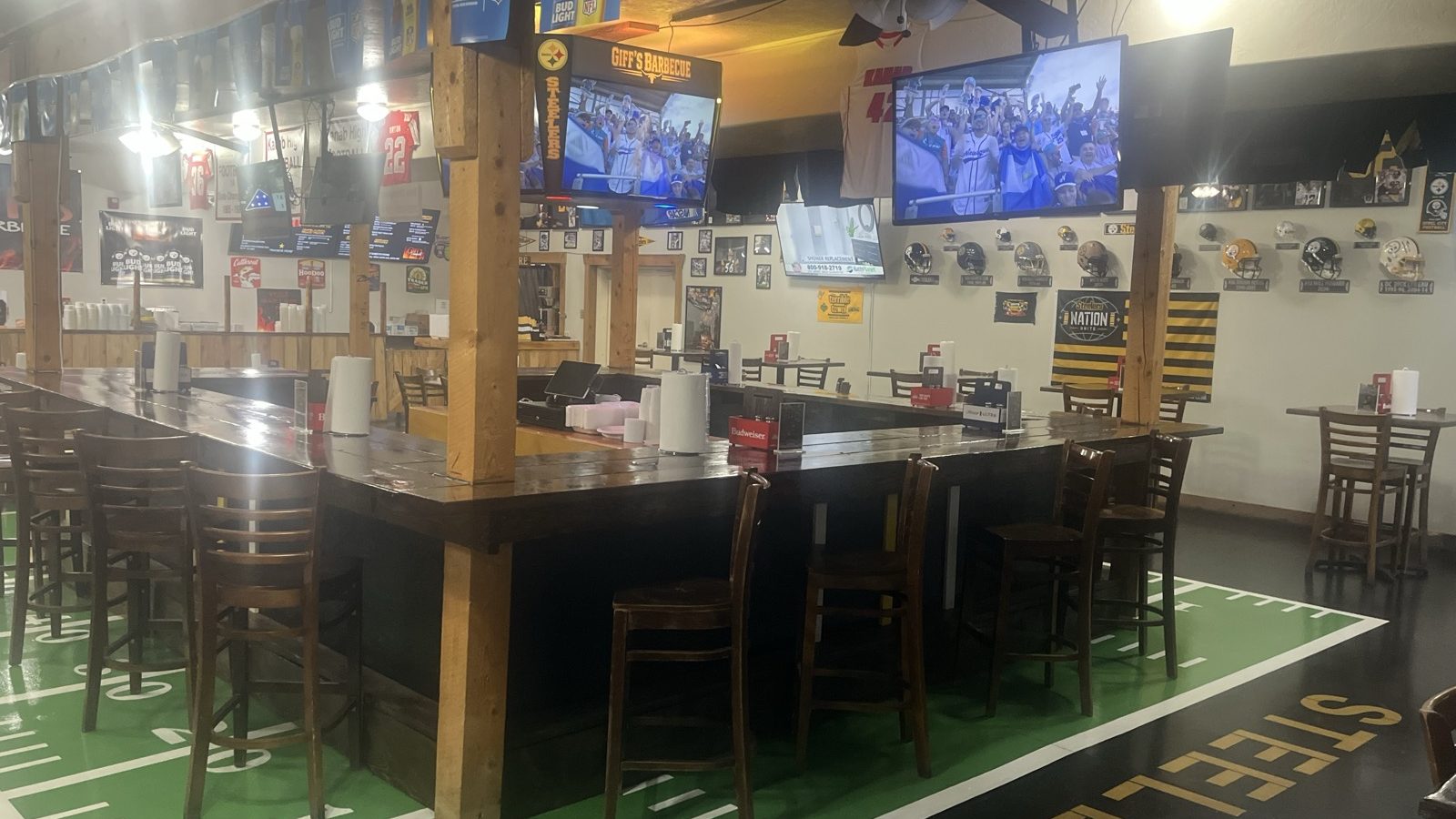 The dining room at Giff's Barbecue, hung with vintage western film memorabilia