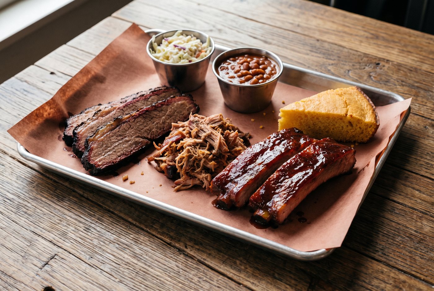 A loaded barbecue tray with brisket, pulled pork, ribs and sides